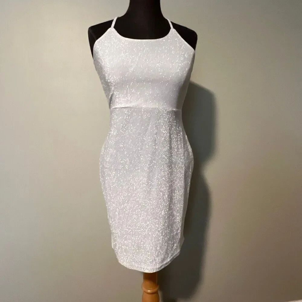 Women's Silver Sparkly Glitter Lace Up Back Bandage Bodycon Mini Dress Medium